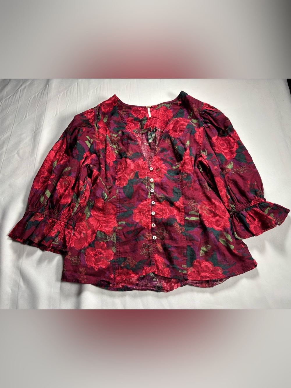 Free People Red Floral Button-Down Ruffle Sleeve Blouse